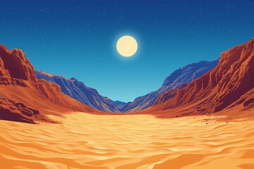 Desert Landscape Illustration: Arid Scenic Sunset with Mountains and Sand Dunes in Vibrant Warm Colors - Digital Art Vector