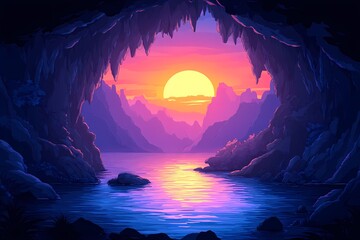 Sunset Over Tranquil Cave River: Vibrant Colored Scenic Landscape with Illuminated Rock Formations and Serene Reflection