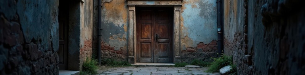 Old, weathered wooden door in a dark alleyway,  stone,  decayed