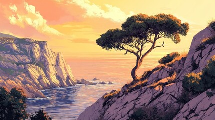 Obraz premium A picturesque landscape featuring a solitary tree by the ocean
