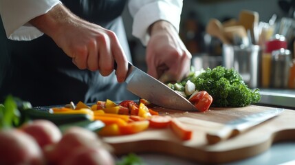 A chef chopping vegetables in a kitchen. Featuring skill and precision