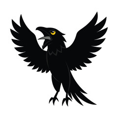 Black Raven Cawing With Wings Outstretched On White Background