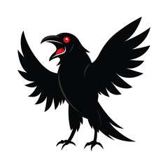 Black Raven Cawing With Wings Outstretched On White Background