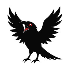 Black Raven Cawing With Wings Outstretched On White Background