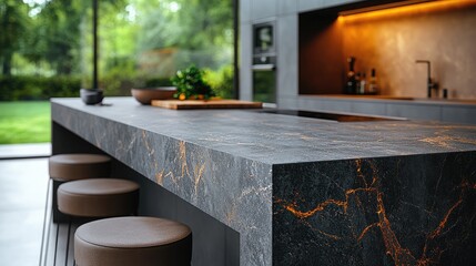 Sleek gray marble kitchen counter with modern bar stools, minimalist elegance in a contemporary home
