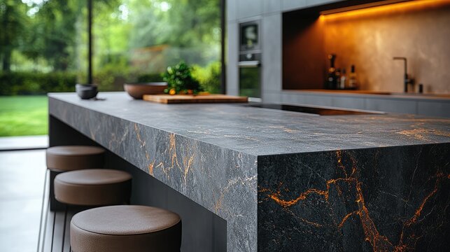 Sleek gray marble kitchen counter with modern bar stools, minimalist elegance in a contemporary home