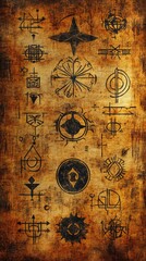 Naklejka premium Ancient Symbols and Mystical Designs on Weathered Background