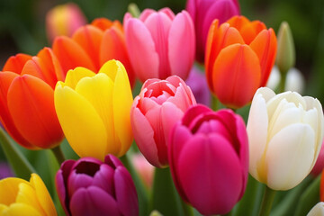 bunch of colorful tulips in a vase on a table