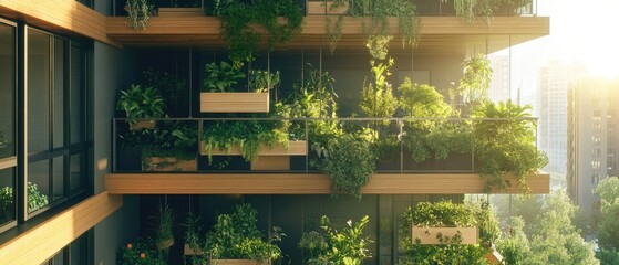 Fototapeta premium Urban balcony garden with lush green plants and vibrant foliage