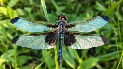 A detailed overhead view of a beautiful dragonfly in green grass