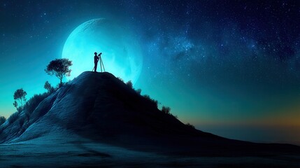 Fototapeta premium Individual standing on a hilltop under a stunning starry night sky with a telescope for stargazing and exploration