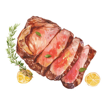 watercolor sliced steak with lemon and rosemary clip art preview