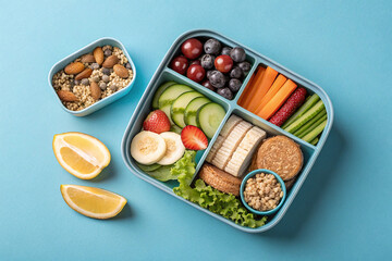 Top view modern bento lunch box with healthy snacks for work or school on clean blue background