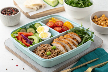 Nutritious lunch setup in divided container showing freshness color and variety for busy lifestyle