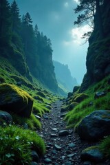 Mysterious landscape with moss covered rocks and dark skies, earthy, natural