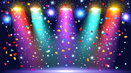 celebratory explosion of light and confetti colorful spotlights illuminate a dynamic scene for festive occasions and joyous commemorations