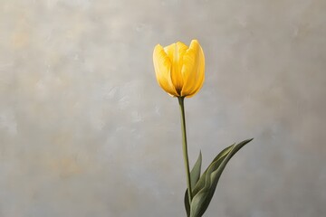 Fototapeta premium Single yellow tulip against a muted gray background.