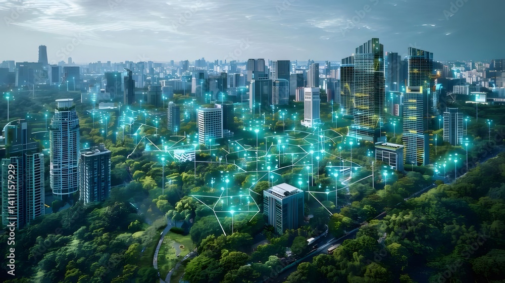 Poster 緑豊かな都市風景 輝く光と未来的な建物群 青空の下で広がるパノラマビュー