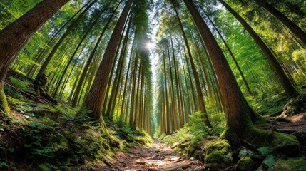 Fototapeta premium Tranquil forest pathway inviting exploration through lush greenery and towering trees beneath a clear blue sky