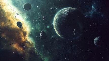 Obraz premium Planet, asteroid field, nebula background, space exploration, science fiction