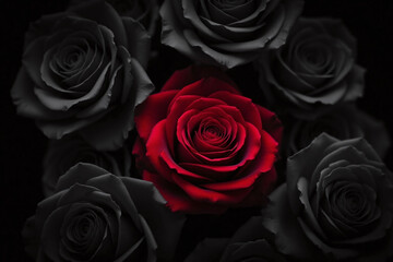 bunch of black and red roses sitting next to each other