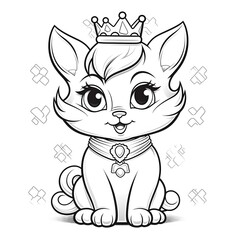 Obraz premium Cute cartoon kitten princess with a crown coloring page for kids