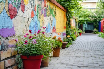 Vibrant Flower Pots Along Colorful Wall in Charming Alleyway