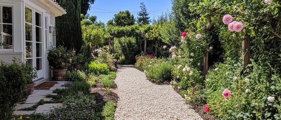 Serene Pathway Through Lush Garden with Colorful Flower Blooms