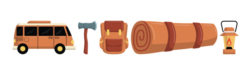 Illustration showing camping essentials like a van, axe, backpack, bedroll and lantern, perfect for illustrating outdoor adventures.
