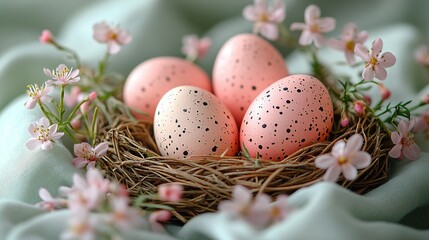 Fototapeta premium A soft Easter theme with hand-painted eggs in a woven basket, paired with spring flowers and linens, bathed in the morning light.