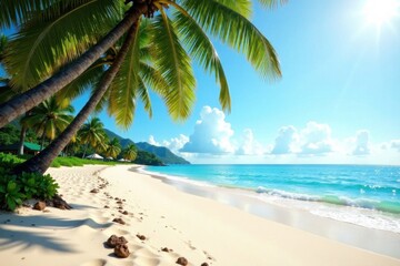 Obraz premium Sandy ocean beach with swaying palm trees and sunlit sand, ocean, palm fronds