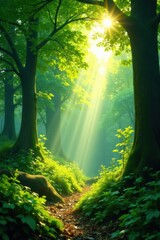 Obraz premium Soaring rays of sunlight filter through lush green canopy, illuminating forest floor with warm glow, sunshine, light, greenery