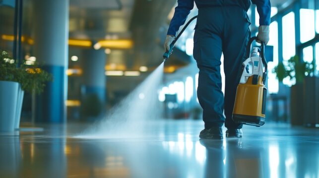 A cleaner disinfecting a public space with cleaning equipment. Featuring cleanliness and hygiene