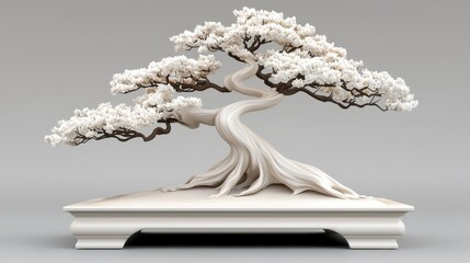 Creamy White Bonsai Tree with Twisted Trunk on a Decorative Pot on a White Background
