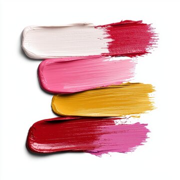 Creamy Makeup Swatches in Pink, Red, and Gold on White Background