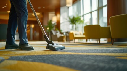 A cleaner vacuuming a hotel lobby. Featuring cleanliness and attention to detail