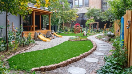 Obraz premium Peaceful backyard garden with playground equipment and pathways