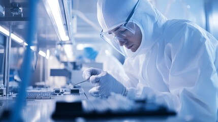 A cleanroom technician assembling microchips in a semiconductor lab. Featuring precision and innovation