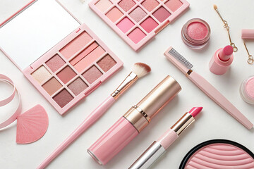 Pink themed flat lay of modern beauty products with brushes and makeup accessories chic styled vibe