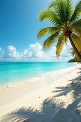 Serene turquoise ocean waves on a sandy white beach with swaying palm trees under warm golden light , wave, golden, serene