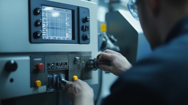 A CNC machine operator programming a digital interface. Featuring precision and automation