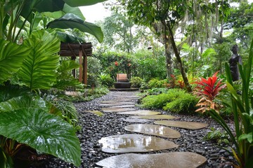 Serene Garden Pathway Surrounded by Lush Green Foliage and Flowers