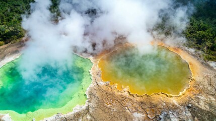 Aerial view of bubbling geothermal pools with steam clouds and cracked earth, showcasing raw volcanic power.