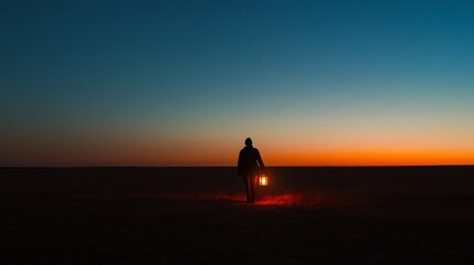 Solitary figure holding glowing lantern their silhouette outlined against fading twilight soft warm light lantern contrast cool tone of night sky scene conveys sense of mystery calm figure walk alone