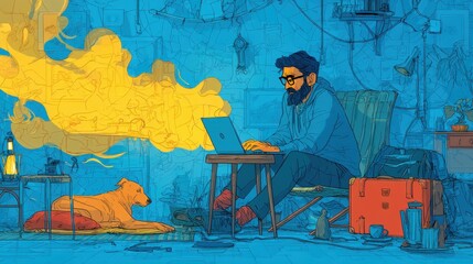illustration, technology, glow, indian man typing on laptop while working from home,photo image