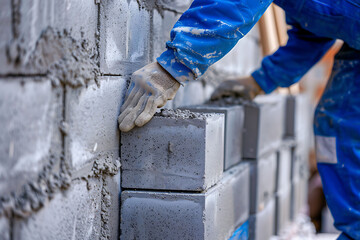 Construction workers laying concrete blocks on the wall of an apartment, close-up photo. A man in a blue uniform is putting gray concrete blocks together to build house walls, 