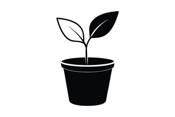 Small Indoor Plant In Pot Silhouette Vector Illustration Black And White