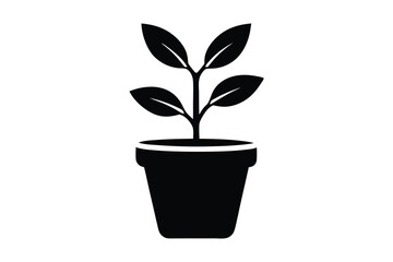 Small Indoor Plant In Pot Silhouette Vector Illustration Black And White