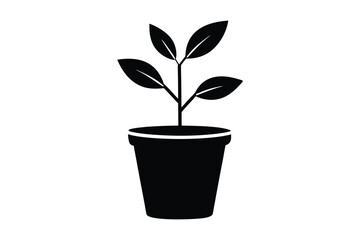 Small Indoor Plant In Pot Silhouette Vector Illustration Black And White
