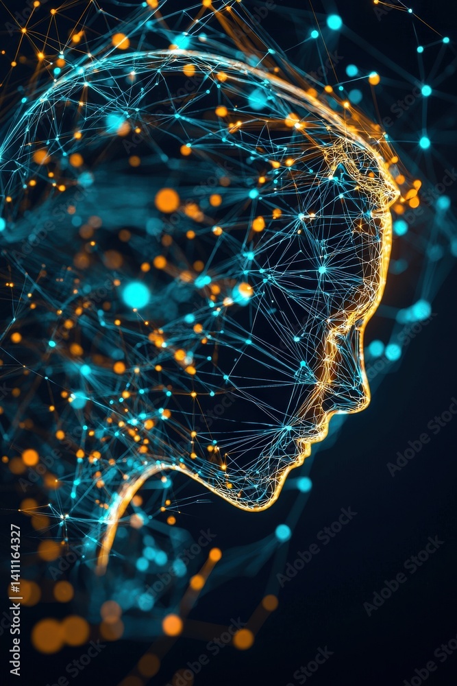Poster a cybernetic interface displaying a person's thought processes as interconnected data points, critic